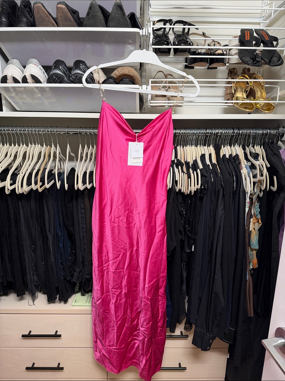 Cami NYC Hot Pink Satin Slip Dress with Chain Straps